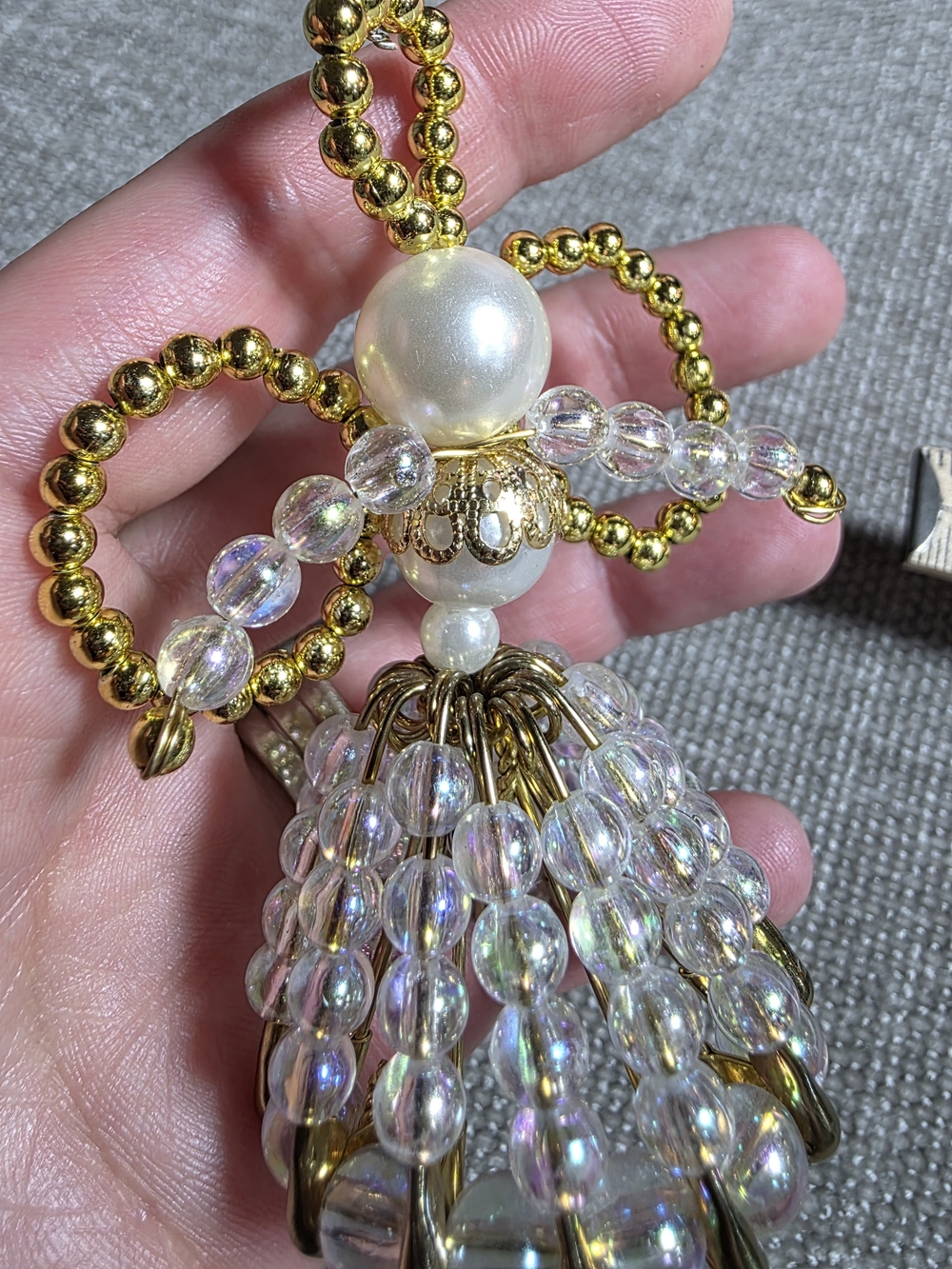 Vintage Handmade Beaded Angel Christmas Ornament Gold